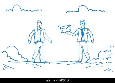 businessman giving money envelope colleague for corruption purposes agreement concept two men partnership horizontal sketch doodle hand drawn Stock Vector