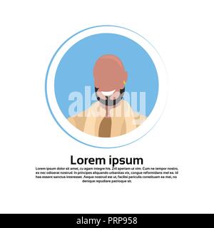 indian man bald face avatar traditional clothes male cartoon character portrait isolated round frame flat Stock Vector