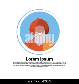 elderly indian man face avatar traditional clothes male cartoon character portrait isolated round frame flat vector illustration Stock Vector
