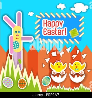 Colorful Happy Easter greeting card with rabbit, bunny, eggs and banners Stock Photo