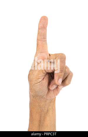 senior hand counting number 1 (one) isolate on a white background Stock Photo