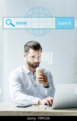 concentrated seo developer holding coffee to go while working with laptop with website search bar Stock Photo
