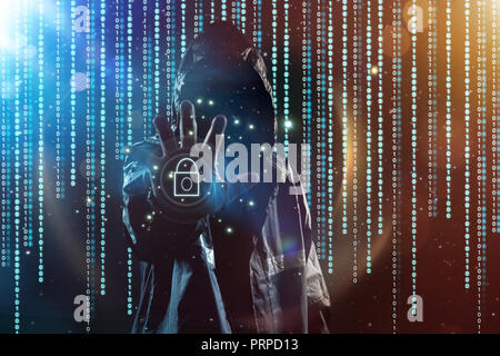 Unrecognizable hacker portrait, security and technology crime concept . Stock Photo