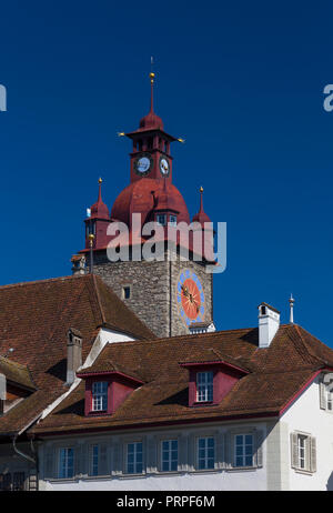 Town Hall clock tower in Lucerne old town, Switzerland Stock Photo