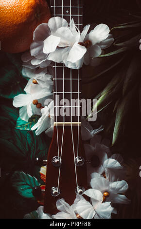 closeup photo of a ukulele against a brown background Stock Photo