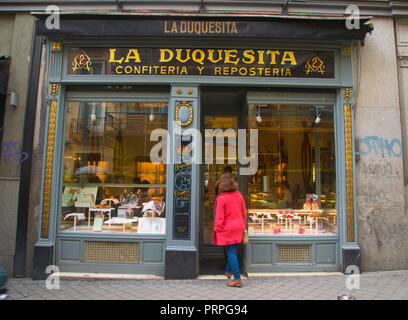 Facade of La Duquesita cake shop. Madrid, Spain.