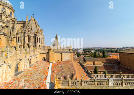 View of upper side of Salamanca Old and New Cathedrals, Community of Castile and León, Spain.  Declared a UNESCO World Heritage Site in 1988 Stock Photo
