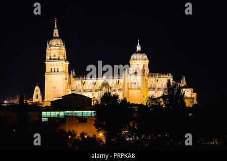 Night view of Salamanca Old and New Cathedrals illuminated, from Tormes River. Community of Castile and LeÃ³n, Spain.  Declared a UNESCO World Heritag Stock Photo
