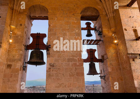 Segovia, Spain - October 9, 2017:  Old bells in Segovia cathedral tower now with automatic mechanism Stock Photo