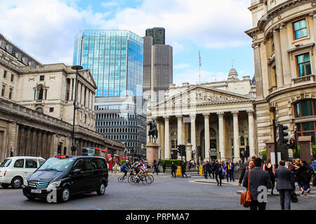 London, England, UK - MAY 26, 2015: The Royal Exchange at Cornhill and Threadneedle street, Bank junction, Bank financial district, City of London, Un Stock Photo