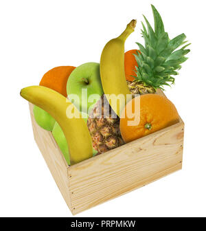 Wooden box filled with orange, apples, bananas and pineapple fruit - collage isolated on white background Stock Photo
