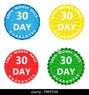 A set of colored stickers with the inscription 100 percent 30-day money back guarantee Stock Vector