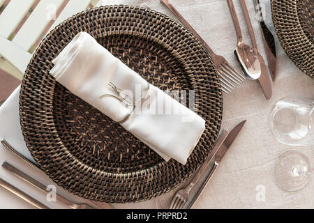 natural rustic style wedding table set decoration design and cutlery detail Stock Photo