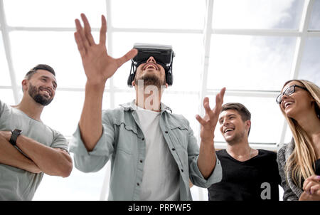 Doctor uses augmented reality goggles to exam human skeleton Stock Photo