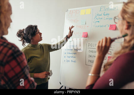 Young woman giving presentation over white board to team at tech startup. Female programmer explaining new project to coworkers. Stock Photo