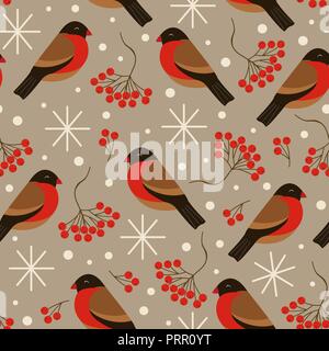 seamless brown pattern with bullfinches and rowan - vector illustration, eps Stock Vector