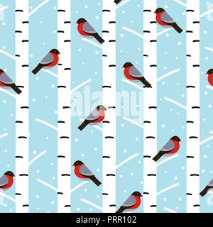 winter seamless pattern with bullfinches on the birch - vector illustration, eps Stock Vector