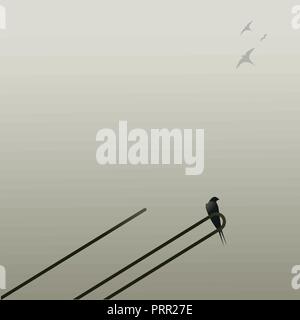 Swallow perched on an antenna and other swallows over misty sky. Vector Illustration Stock Vector