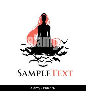 Silhouette of redhead vamp on a cloud of bats Stock Vector