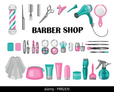 Composition of the set of icons for the Barber shop. Vector elements for your web design, in flat linear illustration style Stock Vector
