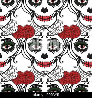 Seamless pattern. Catrina woman with make up of sugar skull. Dia de los muertos. Mexican Day of the dead. Vector illustration hand drawing Stock Vector