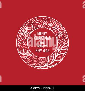 Card Merry Christmas and Happy New Year. Round frame hand drawn white color ornaments. Vector illustration isolated on red background. Stock Vector