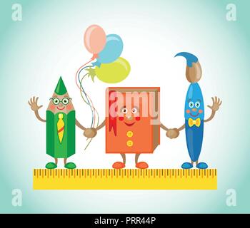 Back to school vector banner design with colorful funny school characters a, education items and space for text in a background. Vector illustration. Stock Vector