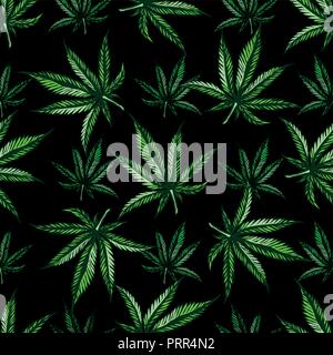 Seamless pattern with marijuana leaf. Hand drawn design cannabis. Vintage color vector engraving illustration for label, poster, web. Isolated on blac Stock Vector