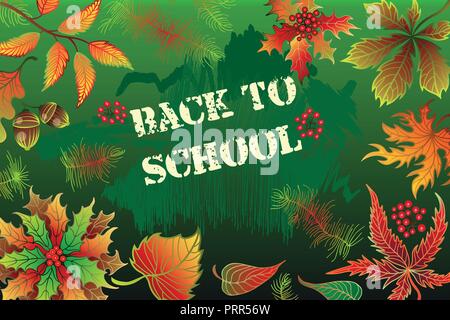 Back to school background with realistic blackboard, autumn leaves and text Stock Vector