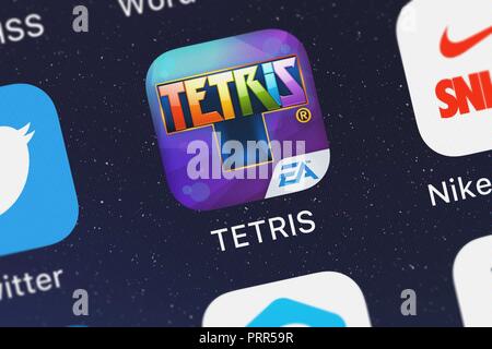 London, United Kingdom - October 03, 2018: Icon of the mobile app TETRIS® from Electronic Arts on an iPhone. Stock Photo