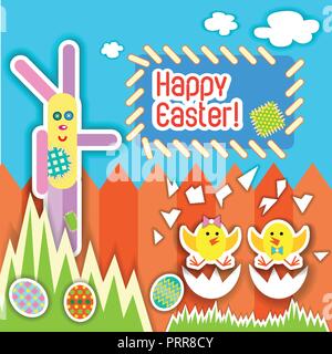 Colorful Happy Easter greeting card with rabbit, bunny, eggs and banners Stock Vector