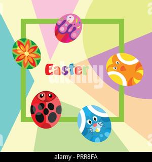 Colorful Happy Easter greeting card with rabbit, bunny, eggs and banners Stock Vector