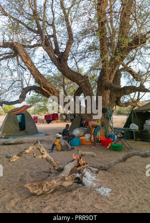 Tourists camping in the bush, Namibe Province, Virei, Angola Stock Photo