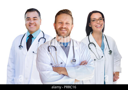 Group Of Mixed Race Male and Female Doctors of Nurses Isolated On White Background. Stock Photo