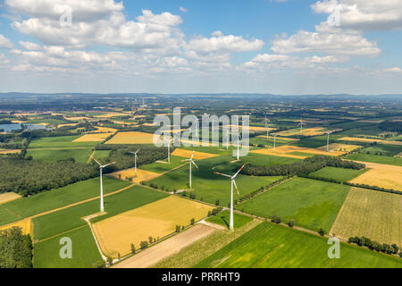 Wind power plants and agricultural land, Sassenberg, Münsterland, North Rhine-Westphalia, Germany Stock Photo