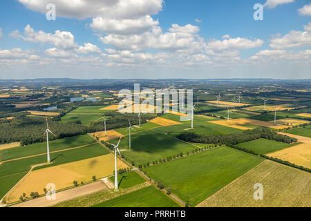 Wind power plants and agricultural land, Sassenberg, Münsterland, North Rhine-Westphalia, Germany Stock Photo