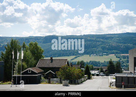 living houses with mountains behind in Lillehammer, Oppland, Norway Stock Photo