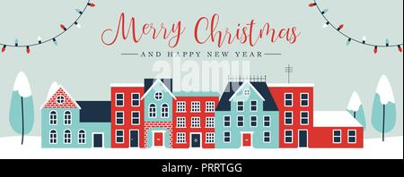 Merry Christmas and Happy New Year web banner illustration of cute houses in winter season. Holiday city landscape greeting card design with pine tree Stock Vector
