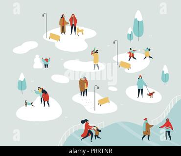 People group doing winter activities on snow park landscape - playing with dog, snowball fight, friends talking. Flat style holiday illustration for c Stock Vector