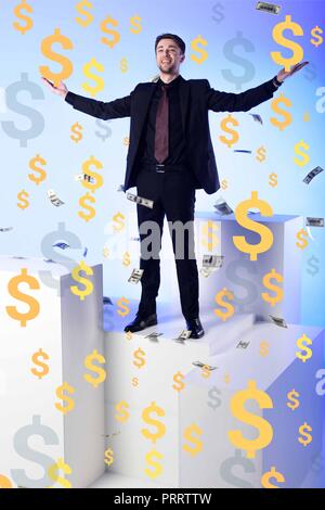 smiling businessman in suit standing on white block with falling dollar banknotes and symbols around Stock Photo