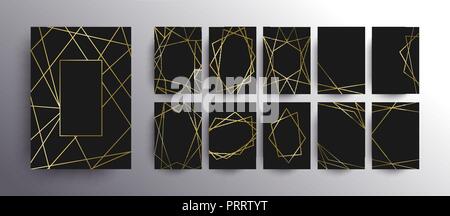 Luxury gold and black card background set, golden color frame collection in geometric style. Elegant template designs for invitation or premium produc Stock Vector