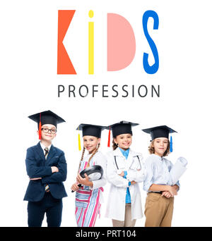 schoolchildren in costumes of different professions and graduation caps isolated on white, with 'kids profession' lettering Stock Photo