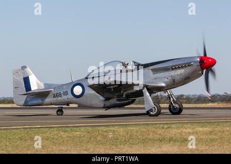 Former Royal Australian Air Force (RAAF) Commonwealth Aircraft Corporation CA-18 Mustang VH-AGJ (North American P-51D Mustang) world war II fighter pl Stock Photo