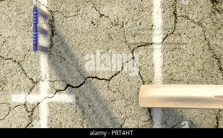 A tip of a cricket bat sliding over the crease on a cracked grass pitch background - 3D render Stock Photo