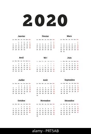 2020 year simple calendar on french language, A4 size vertical sheet isolated on white Stock Vector