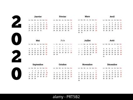 2020 year simple calendar on french language, isolated on white Stock Vector