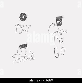 Food sign lettering honey bee, steak, coffee drawing in minimalism style Stock Vector