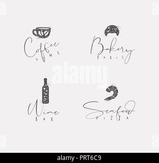 Food sign lettering coffee time, bakery paris, wine bar, seafood pizza drawing in minimalism style Stock Vector