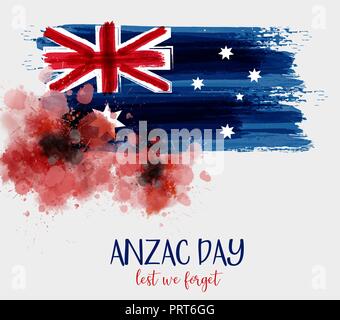 Anzac Day background with grunge watercolor Australia flag and two red poppy flowers. Remembrance symbol. Lest we forget. Stock Vector
