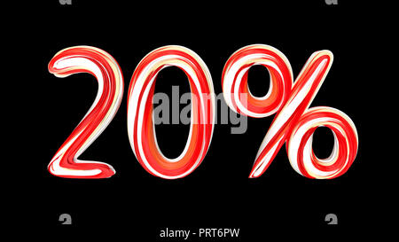 Candy text 20 % on black background. Brushstroke red-white text of 20 percent . 3d render illustration Stock Photo